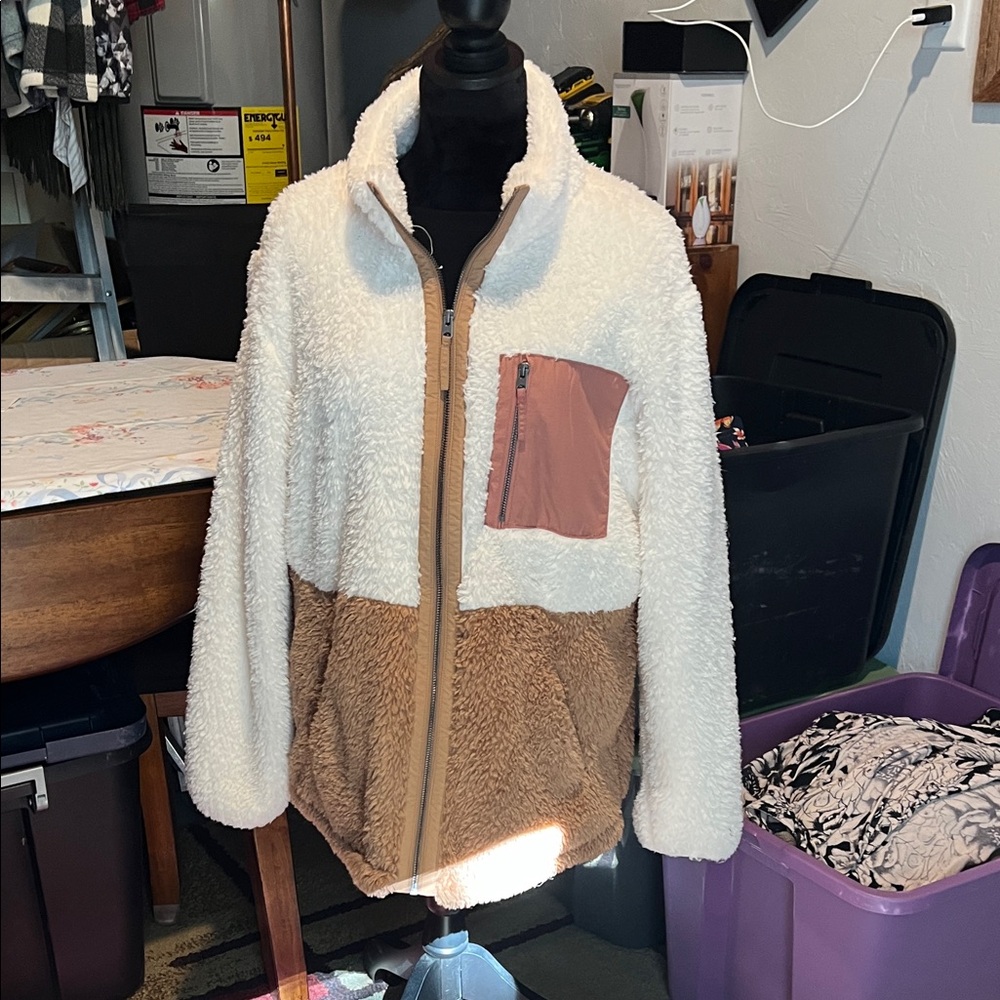 Maurices White and Brown Sherpa Jacket with Pink Pocket